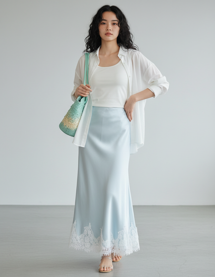 Jupe Longue Satin Dentelle Bleue Chic