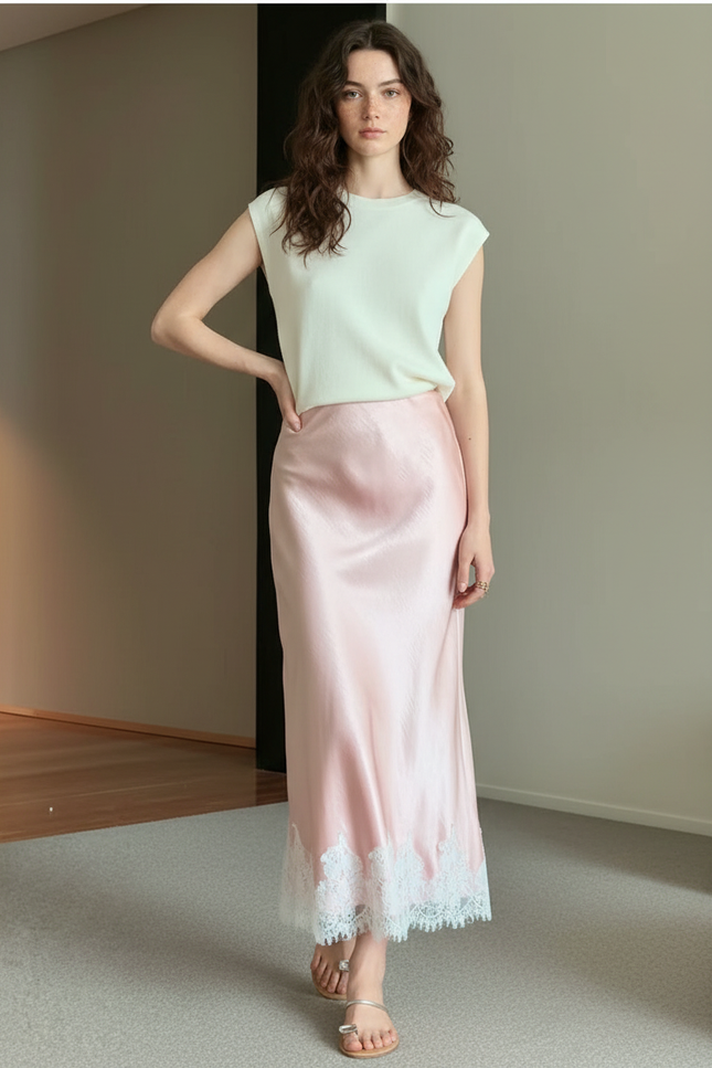 Jupe Longue Rose Satin Dentelle Élégante