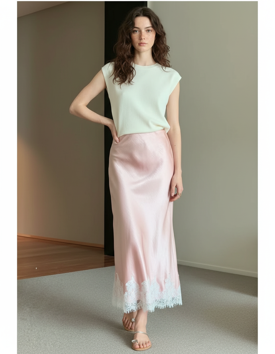 Jupe Longue Rose Satin Dentelle Élégante