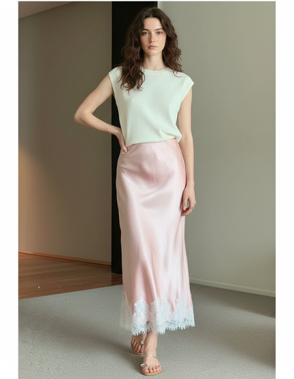 Jupe Longue Rose Satin Dentelle Élégante