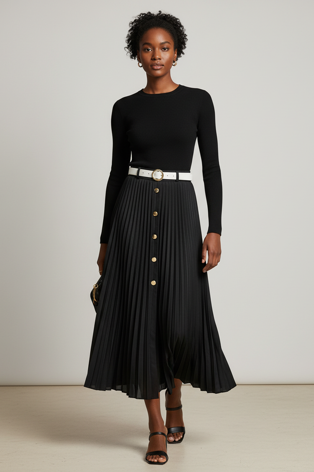 Jupe Longue Plissée Boutonnée