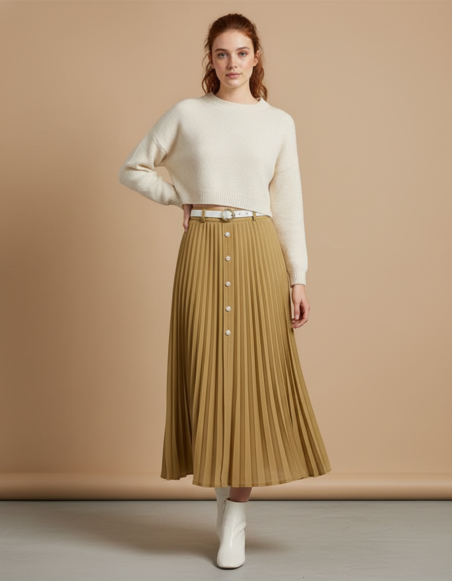 Jupe Longue Plissée Camel
