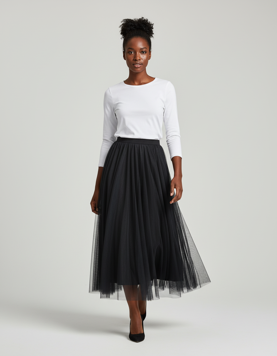 Jupe Longue Plissée Tulle Noire