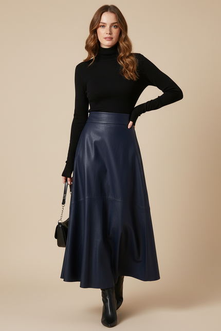 Jupe Longue Bleu Marine Similicuir Élégante