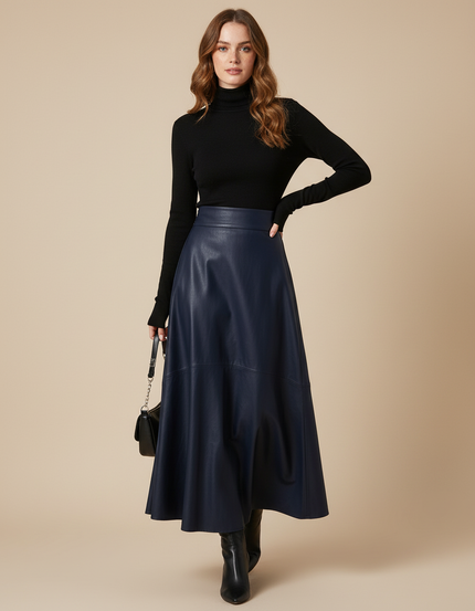 Jupe Longue Bleu Marine Similicuir Élégante