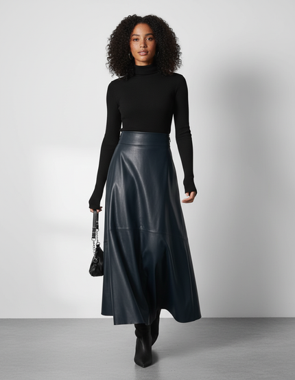 Jupe Longue Similicuir Évasée Élégante
