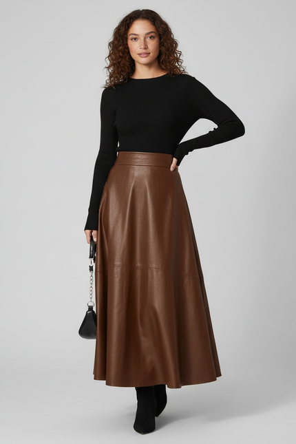 Jupe Longue Marron Similicuir Élégante