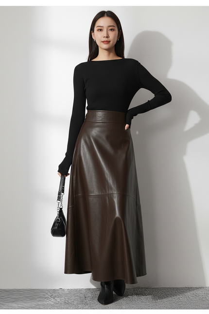 Jupe Cuir Marron Mi-Longue