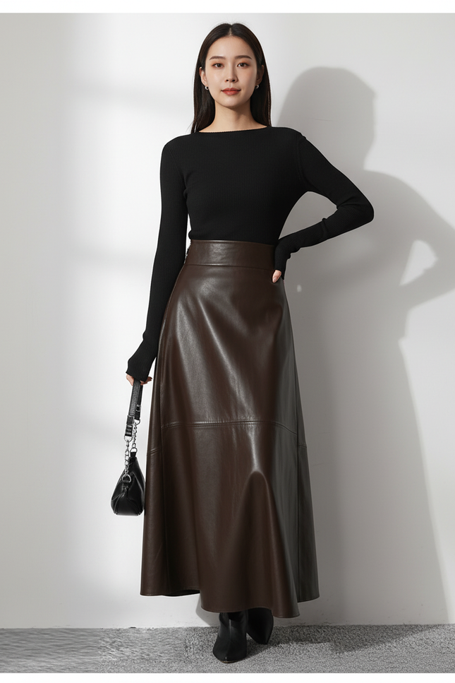 Jupe Cuir Marron Mi-Longue