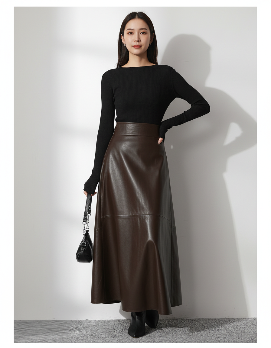 Jupe Cuir Marron Mi-Longue