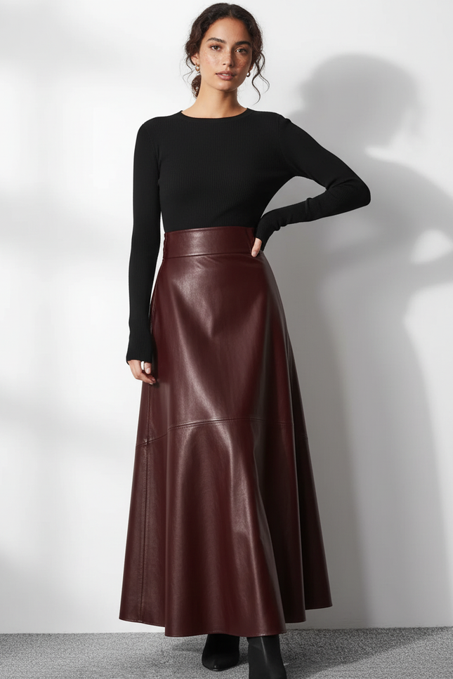 Jupe Longue Bordeaux Simili Cuir Élégante