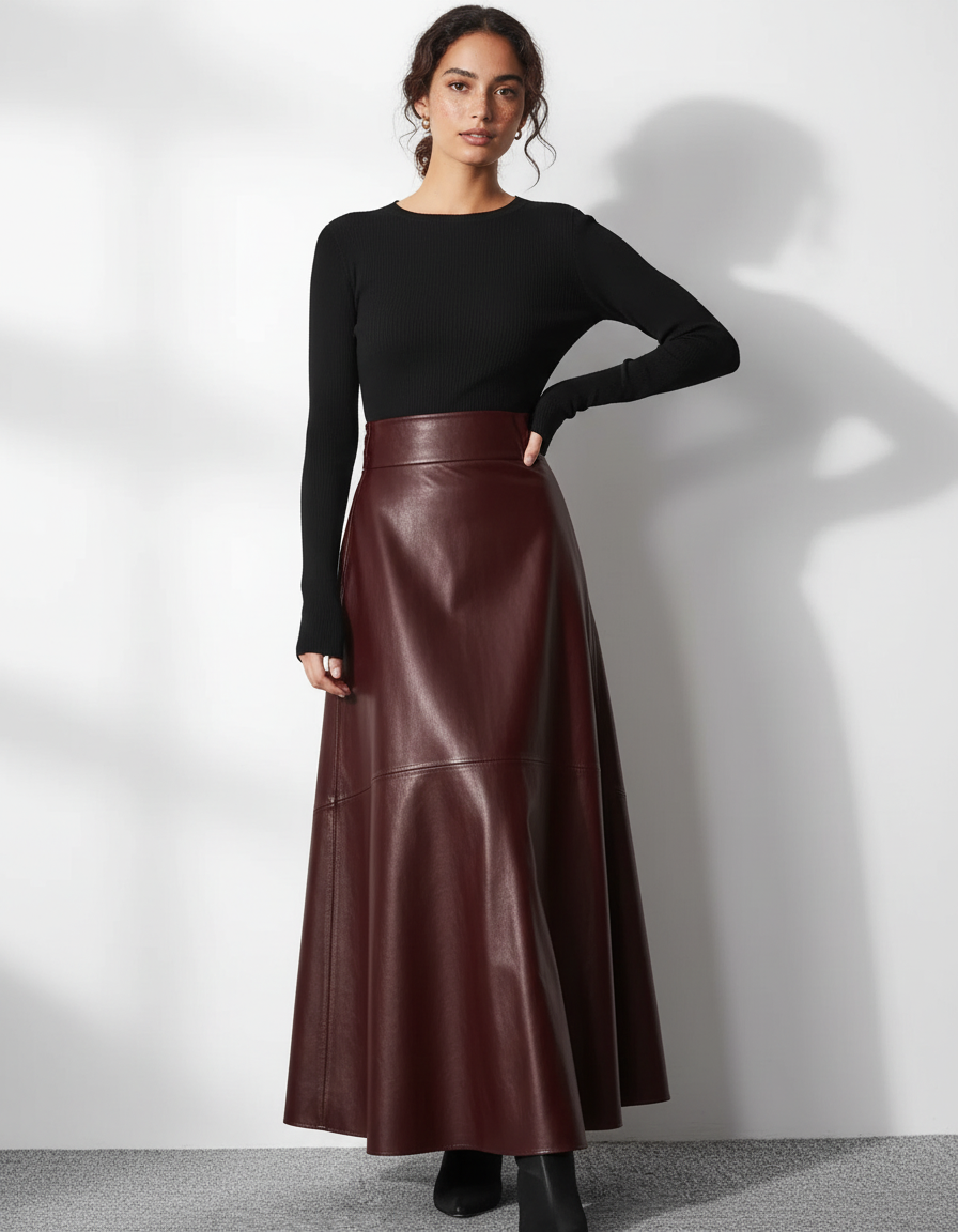 Jupe Longue Bordeaux Simili Cuir Élégante