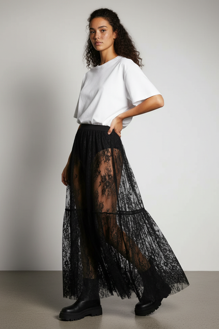 Jupe Longue Dentelle Transparente Chic Soirée