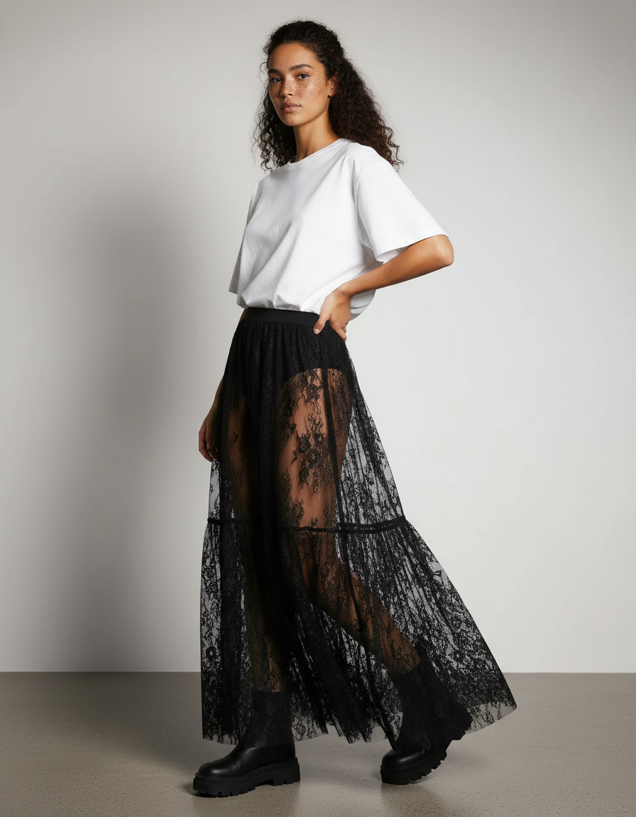 Jupe Longue Dentelle Transparente Chic Soirée