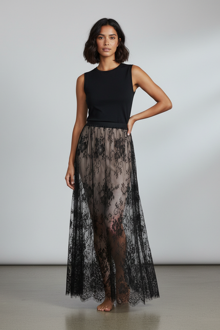 Jupe Longue Dentelle Noire Transparente Élégante