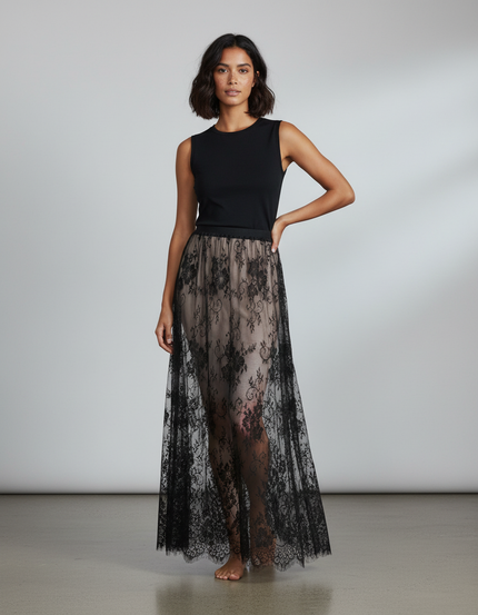 Jupe Longue Dentelle Noire Transparente Élégante