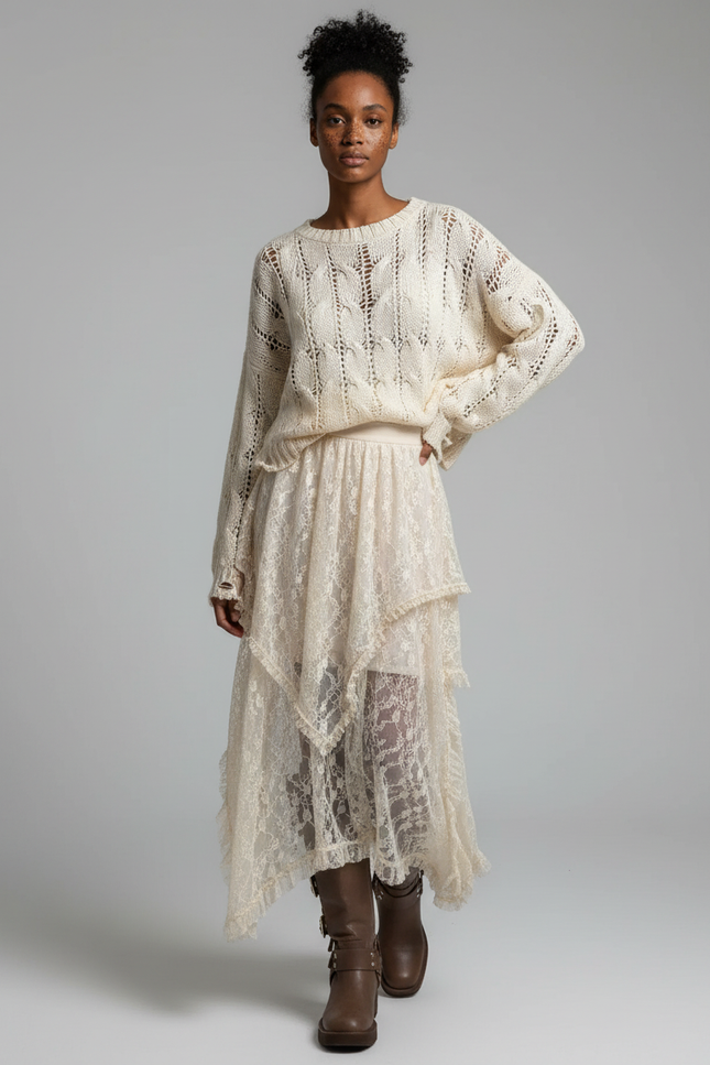 Jupe Longue Dentelle Transparente Fluide Femme