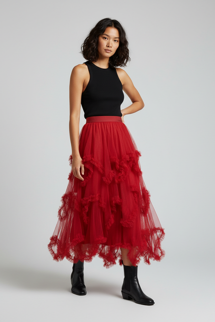 Jupe Longue Tulle Rouge Asymétrique Chic