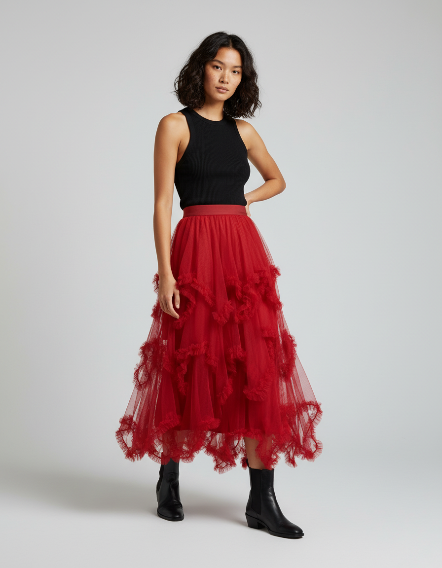 Jupe Longue Tulle Rouge Asymétrique Chic