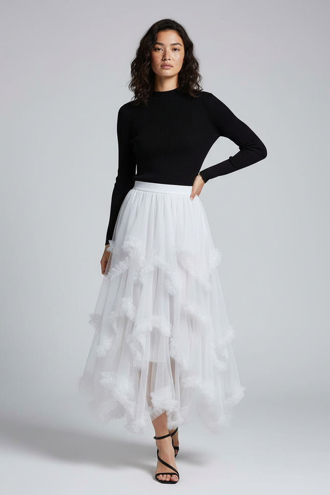 Jupe Longue Blanche Tulle Volants Élégante