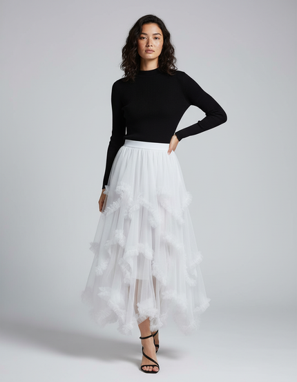 Jupe Longue Blanche Tulle Volants Élégante