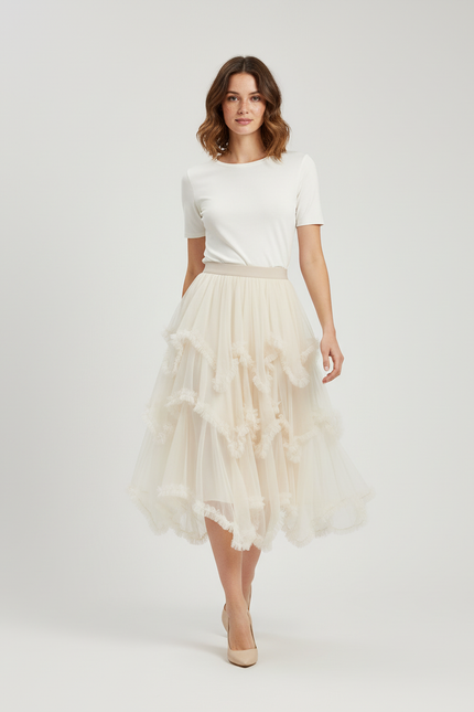 Jupe Longue Tulle Beige Volants Élégante