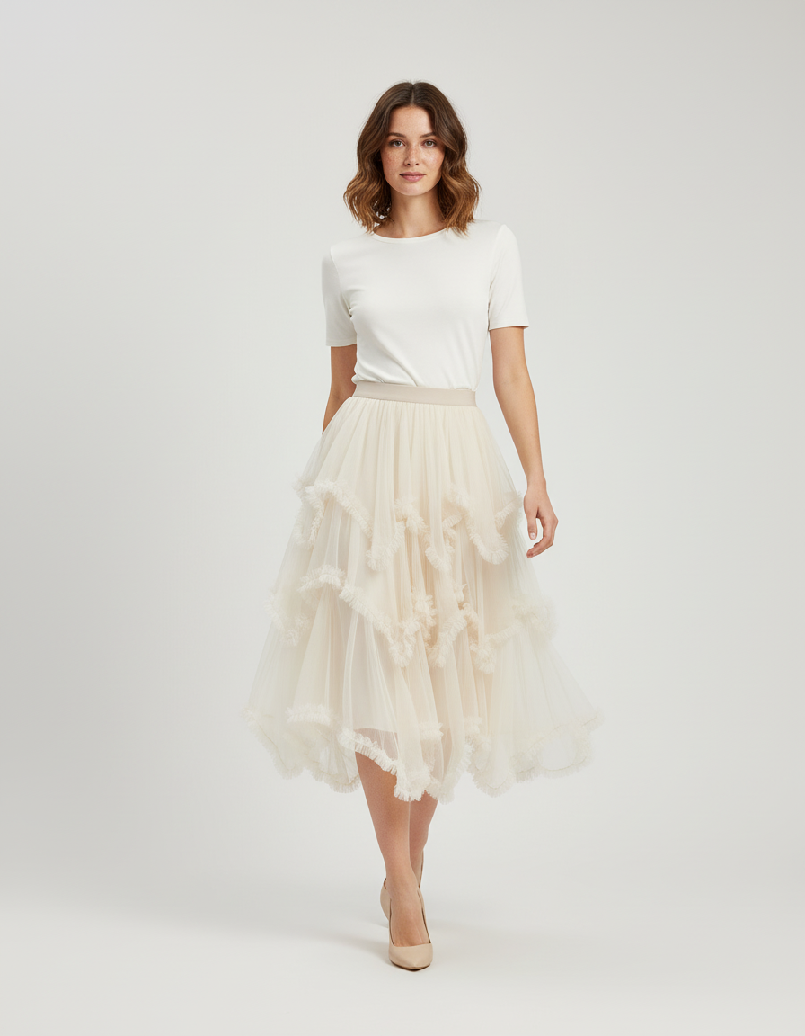 Jupe Longue Tulle Beige Volants Élégante