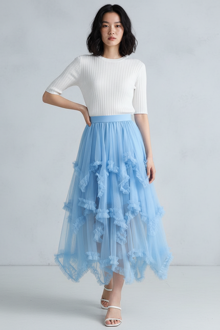 Jupe Longue Tulle Bleue Volants Fluide