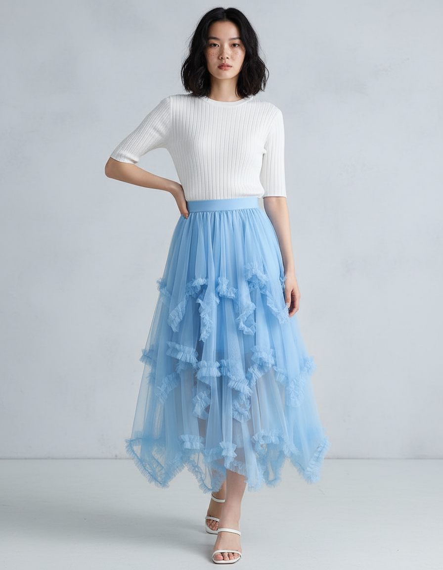 Jupe Longue Tulle Bleue Volants Fluide