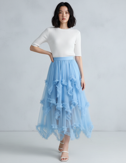 Jupe Longue Tulle Bleue Volants Fluide