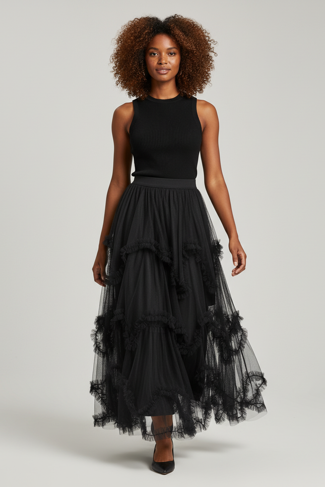 Jupe Longue Noire Tulle Volants Élégante