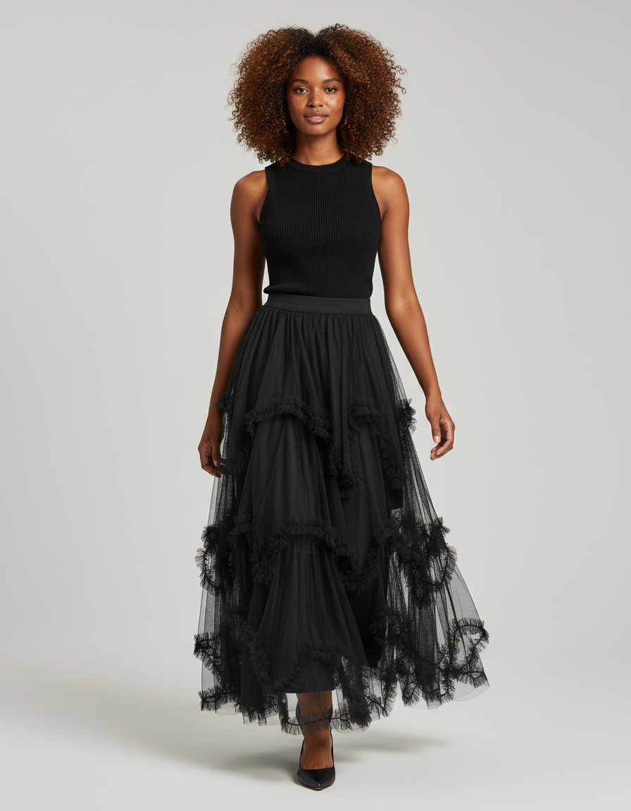 Jupe Longue Noire Tulle Volants Élégante