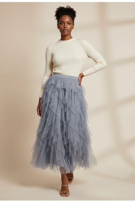 Jupe Longue Tulle Bleu Gris Fluide