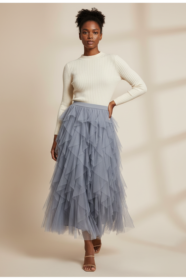 Jupe Longue Tulle Bleu Gris Fluide
