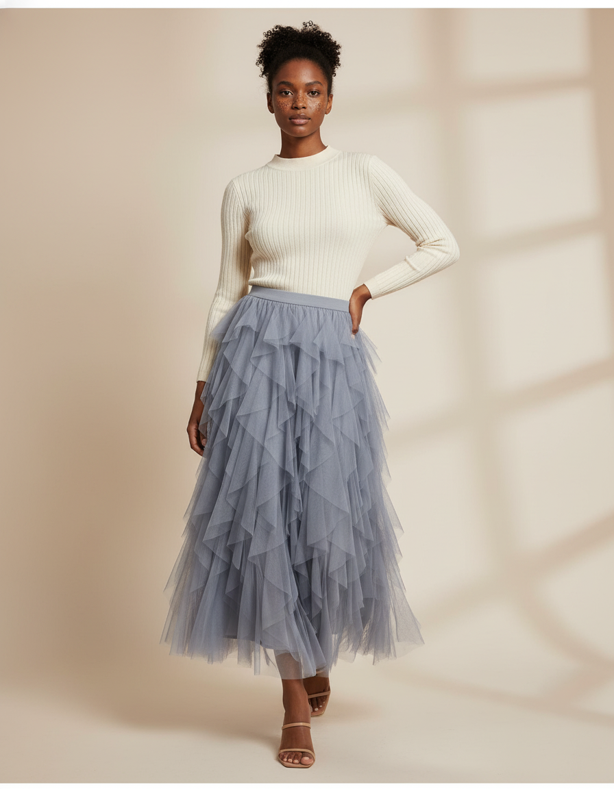 Jupe Longue Tulle Bleu Gris Fluide