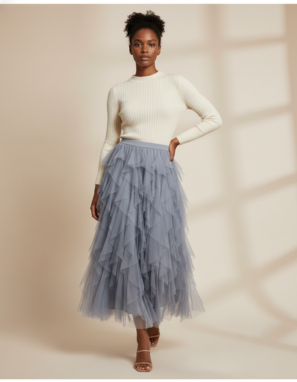 Jupe Longue Tulle Bleu Gris Fluide
