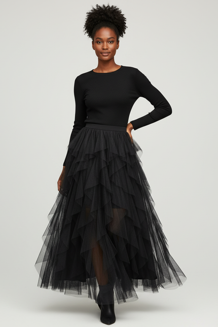 Jupe Longue Noire Tulle Volants Chic