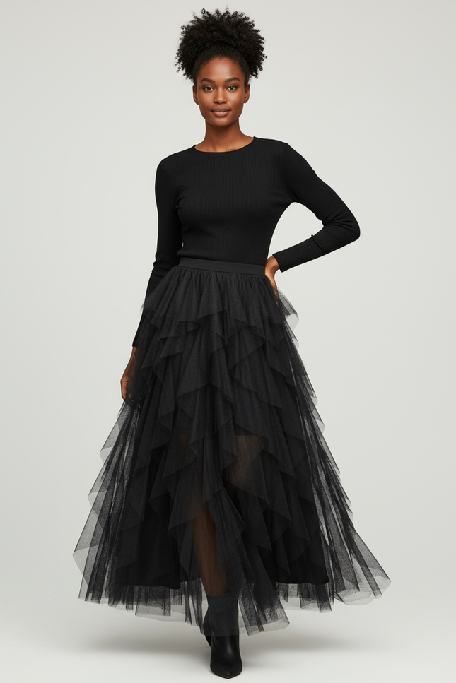 Jupe Longue Noire Tulle Volants Chic