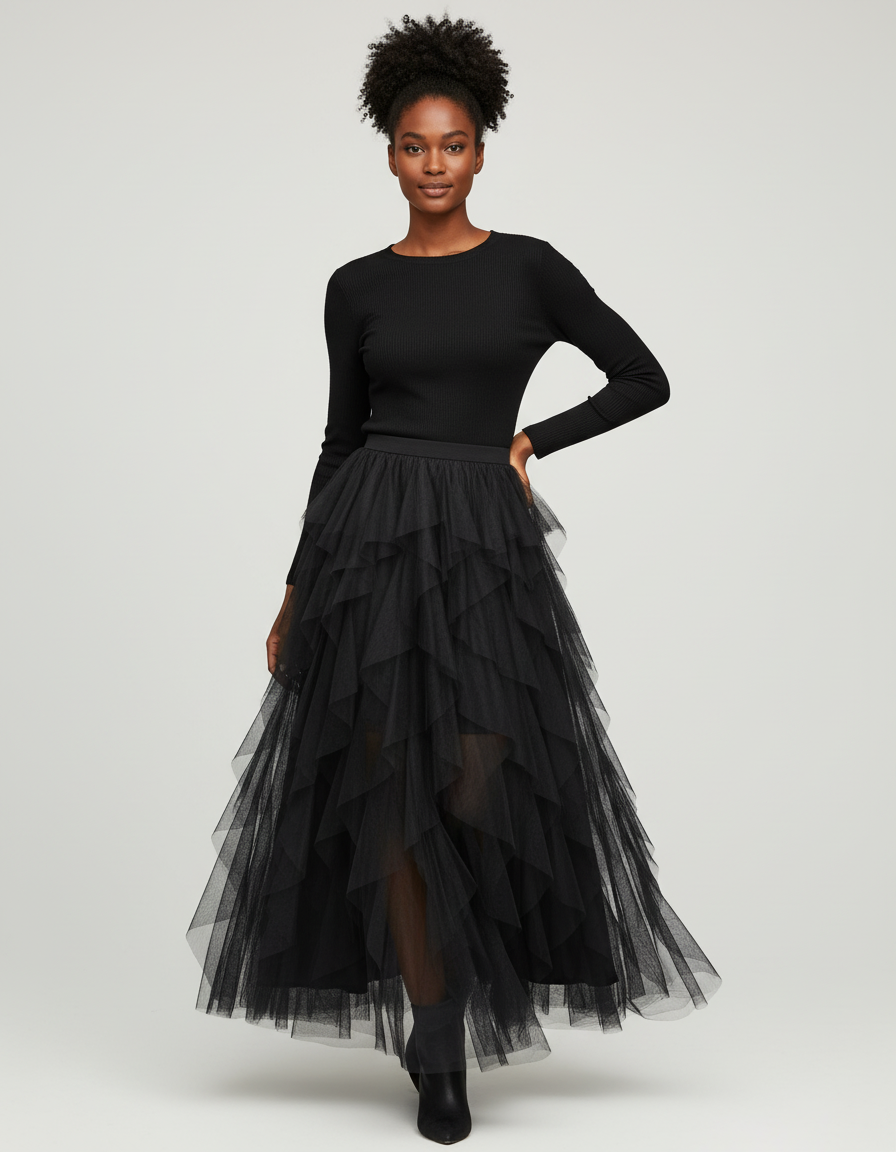 Jupe Longue Noire Tulle Volants Chic