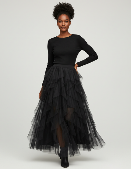 Jupe Longue Noire Tulle Volants Chic