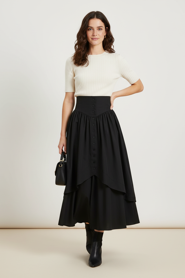 Jupe Longue Noire Taille Haute Élégante Mode