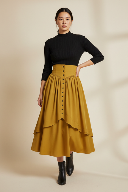 Jupe Longue Jaune Moutarde Taille Haute Rétro