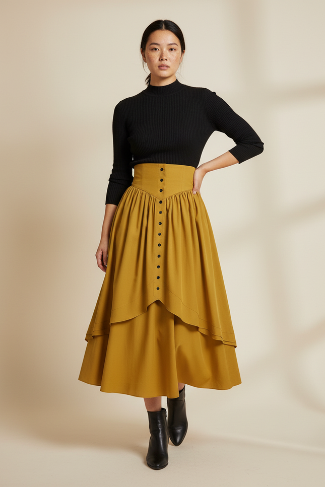 Jupe Longue Jaune Moutarde Taille Haute Rétro