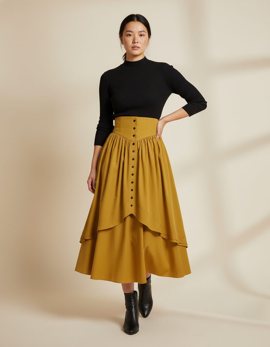 Jupe Longue Jaune Moutarde Taille Haute Rétro