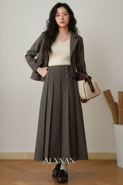 Jupe Longue Plissée Laine Élégante