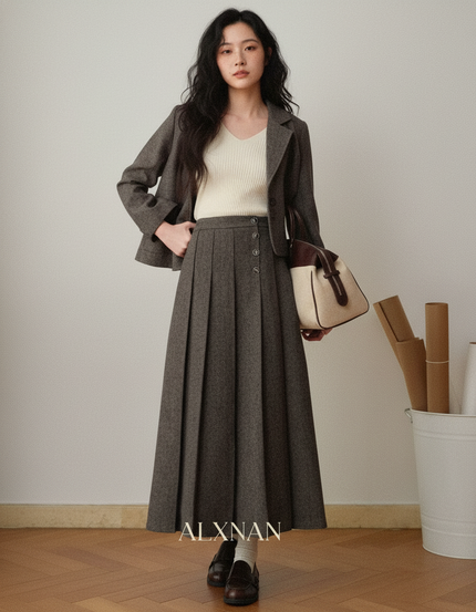 Jupe Longue Plissée Laine Élégante