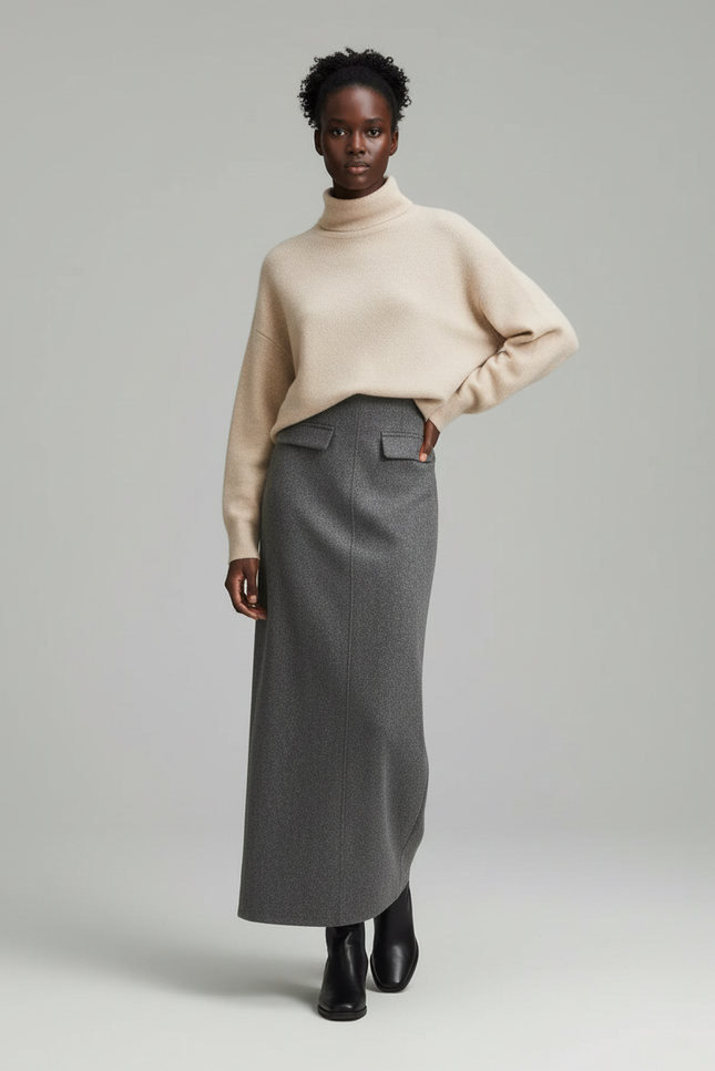 Jupe Longue Grise Laine Élégante
