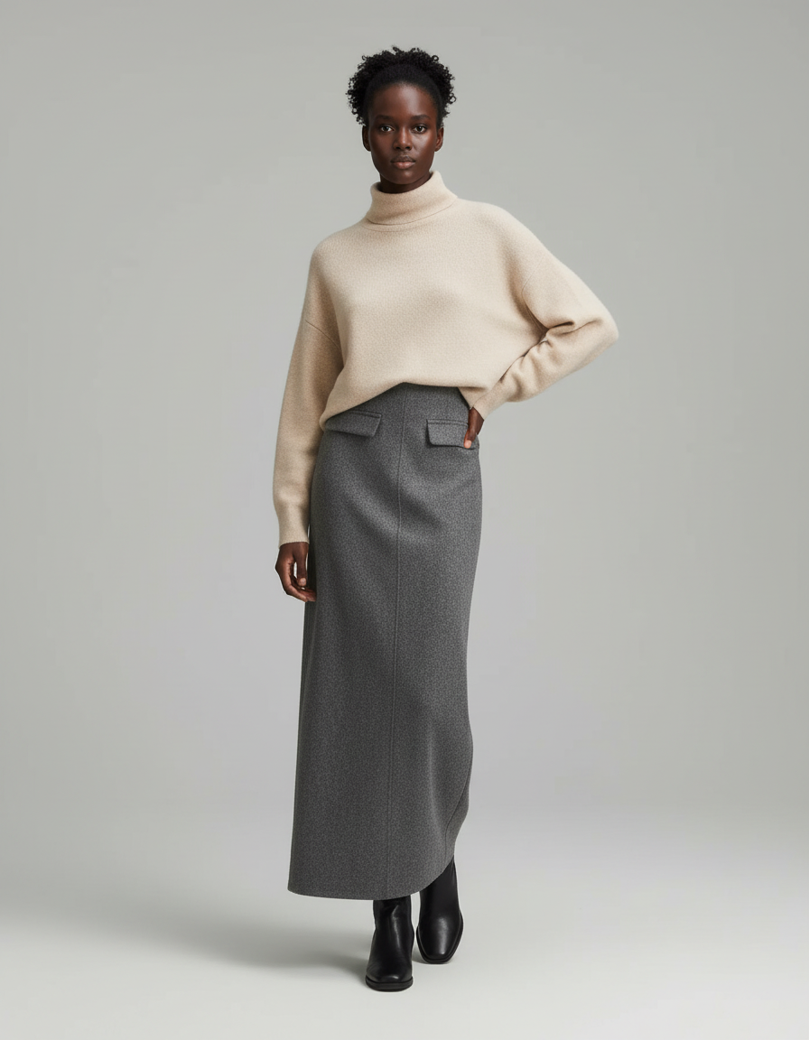 Jupe Longue Grise Laine Élégante