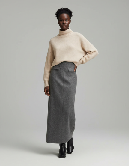 Jupe Longue Grise Laine Élégante