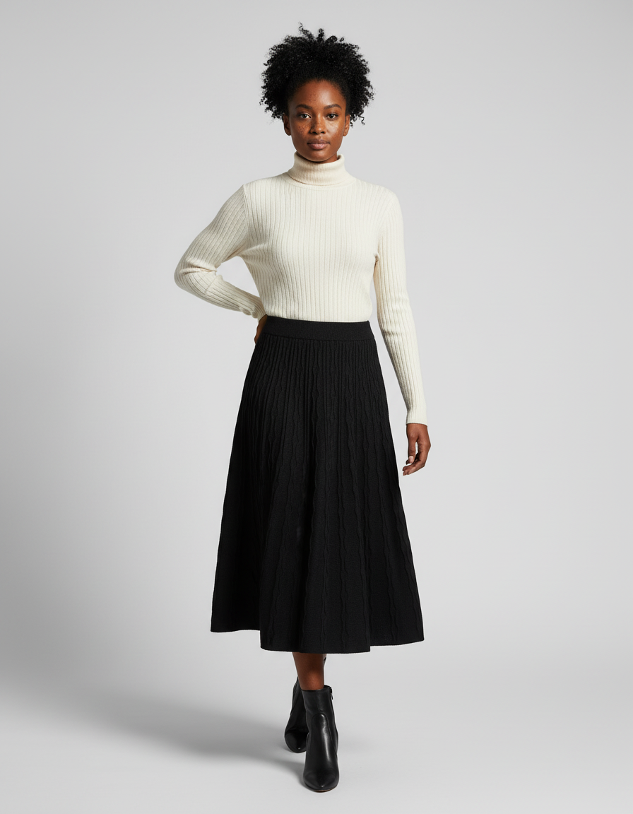 Jupe Trapèze Noire Mi-Longue